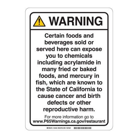 Brady Prop 65 Regulatory Sign Restaurant 14in x 10in Polystyrene Black on White 150440